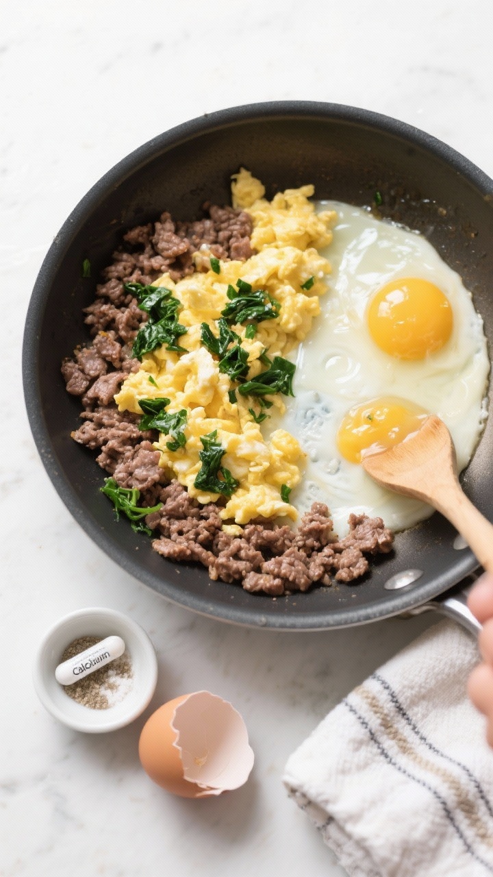 Overhead ingredient/cooking process shot of the Beef & Egg Protein Boost Scramble mid-cook: tiny, moist crumbles of lean ground beef in a nonstick skillet with softly set egg curds forming as the beaten egg is stirred in, a few flecks of finely minced cooked spinach dispersed. A small puddle of water shimmering at the edge shows the added moisture. Include nearby props: a cracked eggshell, a tiny pinch bowl labeled calcium supplement, and a folded kitchen towel. Clean, bright light emphasizing the silky egg texture and glossy beef; no human hands.