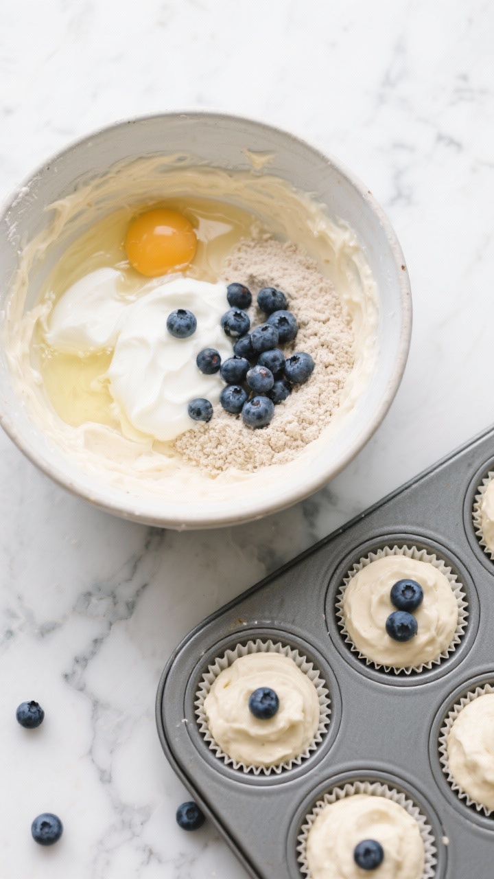 Overhead ingredient-to-batter scene for Blueberry Yogurt Antioxidant Minis: a mixing bowl with pale batter of Greek yogurt, egg, coconut oil, applesauce, and whole wheat flour, with fresh wild blueberries being gently folded in; a mini muffin tray lined and partially filled; a few extra blueberries placed on top of batter mounds as garnish; cool-toned marble surface, crisp highlights on the berries to emphasize juiciness; clean, bright, dessert-like mood.