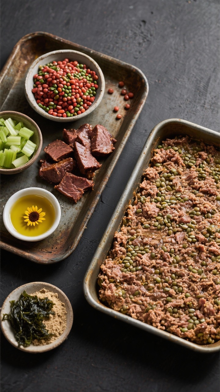 Overhead ingredient-to-final mix scene for Beef Liver and Lentil Training Fuel: a rustic tray with bowls of cooked red/green lentils, browned lean ground beef, seared beef liver pieces, finely diced celery, a small dish of sunflower oil, and a pinch bowl of powdered kelp; next to them, the finished, well-mixed blend in a rectangular pan spread thin for baking into training treats. Neutral dark background to pop the earthy tones, tidy arrangement, professional editorial styling, no people.