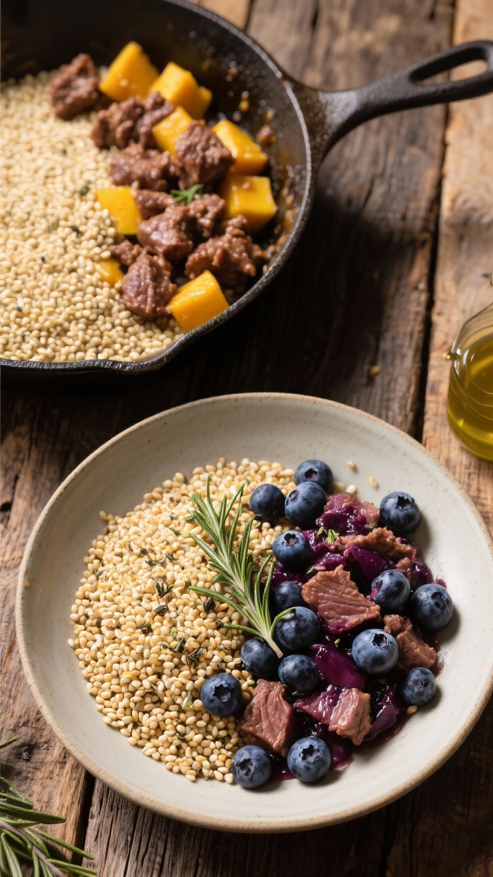 Overhead ingredient-to-final transition shot for Lamb, Millet & Blueberry Energy Mix: one side shows cooked fluffy millet in a saucepan and browned ground lamb with diced yellow squash in a skillet; the other side shows the combined mix in a wide shallow bowl, with whole blueberries gently folded in and a light canola oil gloss; a tiny pinch of crushed dried rosemary sprinkled on top. Vibrant contrast of golden millet, deep purple blueberries, and warm lamb tones. Rustic wood surface, organized styling, natural light with soft shadows, sharp detail highlighting grains and juicy berries.