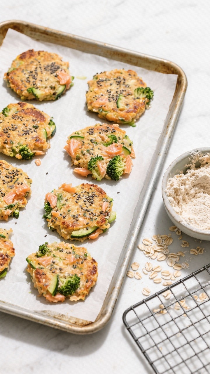 Overhead ingredient-to-finish sequence on a parchment-lined baking sheet: neat rows of baked salmon and veggie omega patties, lightly golden, flecks of flaked wild salmon, green broccoli, and grated zucchini visible, speckled with chia seeds and bound by oat flour and egg. On the side, a small bowl showing the raw mixture, a scattering of oat flour, and a cooling rack ready for freezing; crisp lighting, clean, high-omega vibe.