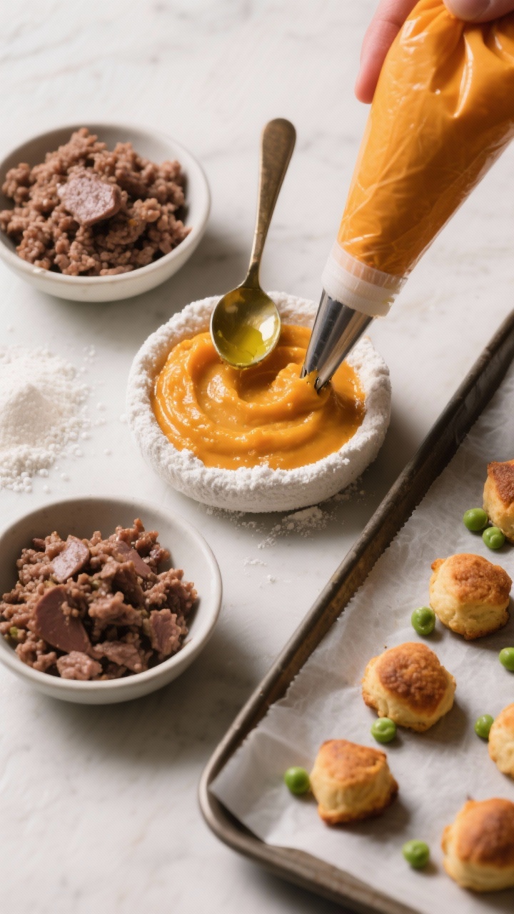 Overhead ingredient-to-finish storyboard for Beef & Liver Velvet Bites: left side shows a small bowl of very finely minced, lightly sautéed beef liver and another with finely crumbled cooked lean ground beef; center shows a thick pumpkin/butternut squash purée mixture with tapioca flour, water, and a sheen of olive oil being spooned into a piping bag; right side features a parchment-lined tray dotted with pea-size “velvet” bites, just baked and still ultra-soft; rich, gourmet vibe with warm tones, high contrast, clean professional styling, no people.
