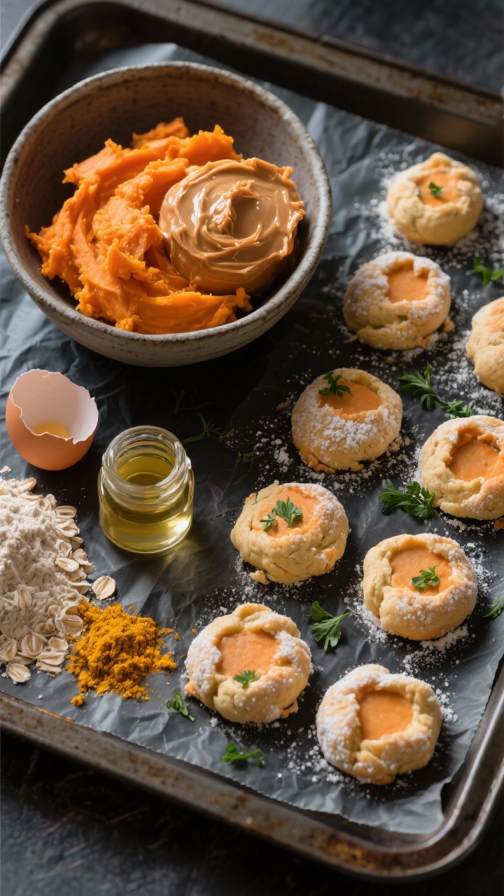 Overhead ingredient-to-finish storyboard for Sweet Potato PB Clouds on a dark parchment-lined tray: on the left, mashed orange sweet potato in a bowl, creamy peanut butter, a cracked egg, oat flour, melted coconut oil in a tiny jar (optional), and a pinch of golden turmeric. Progress to the right showing small dough balls pressed into 1/3-inch discs, lightly dusted, then finished baked discs with set edges and soft centers. Add a sprinkle of dried parsley on a few for a “gourmet” look. Warm, directional light to pop the orange hues and highlight tender, cloud-like surfaces.