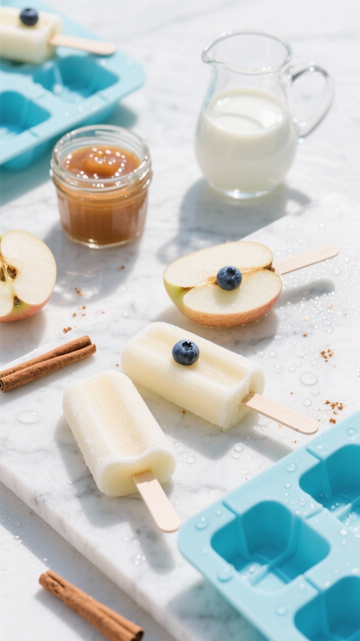 Overhead plated-freezer presentation of apple cinnamon pupsicles: frosty, pale cream-and-apple pops released from silicone molds onto a chilled white marble slab, a few still in blue silicone trays; visible tiny cinnamon specks, glossy unsweetened applesauce jar and plain unsweetened yogurt cup nearby, a small pitcher of water; some pupsicles topped with a single blueberry pressed in; cool summer mood, condensation beads for refreshment, bright natural light, crisp and playful composition.