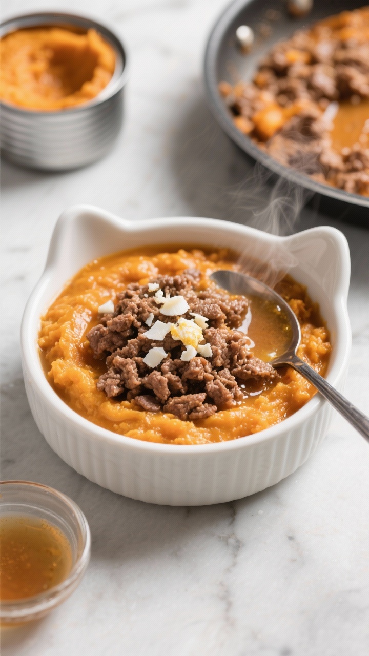Overhead shot of a small white ceramic cat bowl filled with a soft, glossy Cozy Beef & Pumpkin Skillet: finely crumbled lean ground beef folded into vibrant orange pumpkin puree, lightly thickened with low-sodium beef bone broth; visible silky gravy sheen with tiny flecks of crushed eggshell calcium on top. Style on a neutral marble surface with a tiny stainless steel skillet nearby showing the just-cooked mixture, a spoon trail revealing the soft mash texture; include a minimal prop set—an open can of plain pumpkin puree and a small glass ramekin of broth. Warm, cozy light; steam gently rising to suggest freshly cooked, no people.