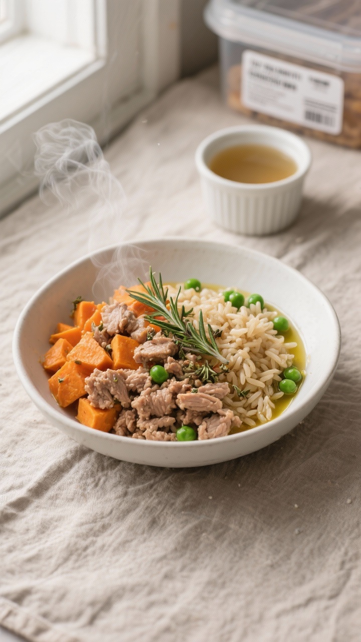 Overhead shot of a warm, comforting turkey and sweet potato dog meal in a shallow white ceramic bowl: lean ground turkey crumbles, orange diced sweet potatoes, fluffy brown rice, bright green peas, and a light sheen from olive oil, with a few crushed dried rosemary needles sprinkled on top. Set on a neutral linen with a small ramekin of low-sodium chicken broth and labeled freezer containers in the background for a cozy, homestyle meal-prep vibe; soft natural window light, steam gently rising.