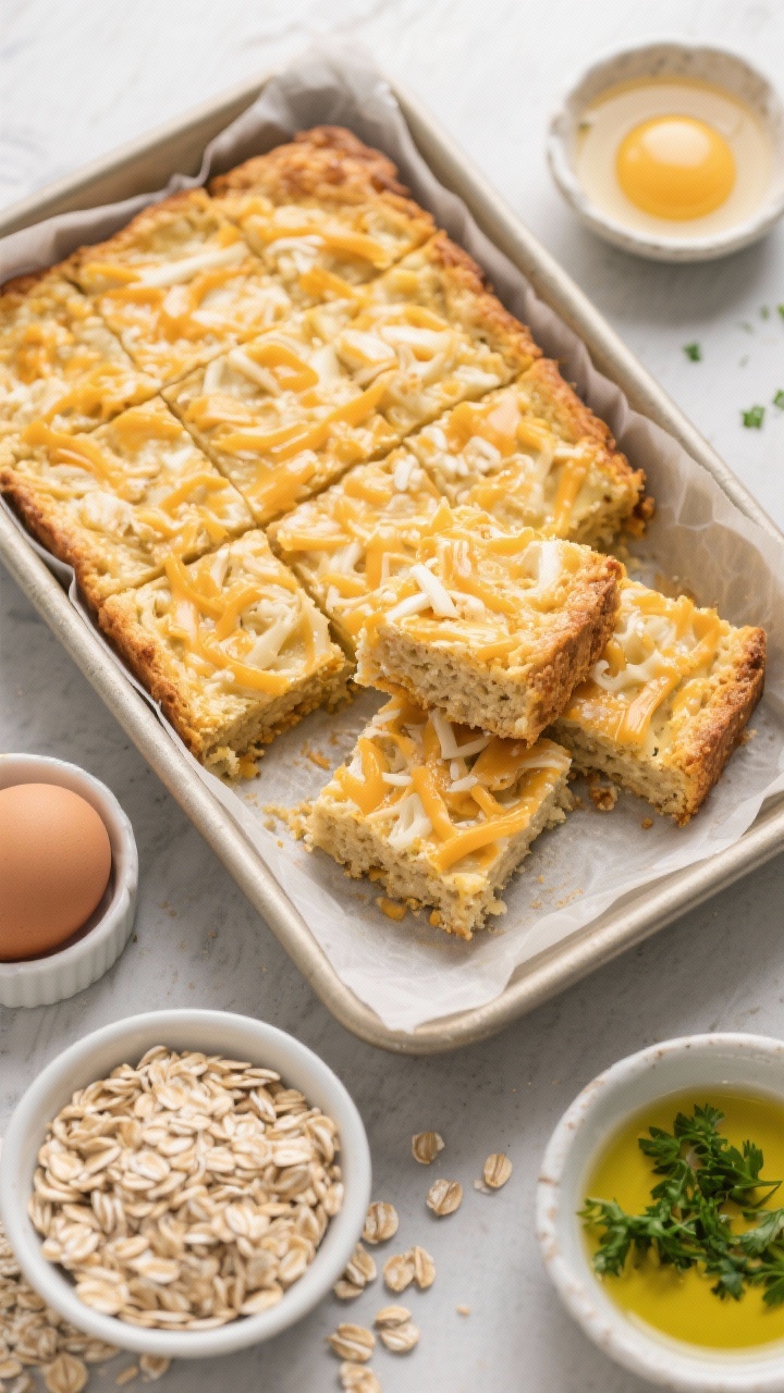 Overhead shot of Cheesy Oat Training Nibbles in an 8x8-inch pan: the baked slab scored into 1/2-inch squares, lightly golden and speckled with shredded low-fat cheddar. A few pieces are cut and stacked to show soft, sturdy interiors. Surround with small bowls of quick oats, low-sodium chicken broth, a cracked egg, and a drizzle of olive oil; optional chopped parsley sprinkled lightly. Clean parchment lines, warm oven-light feel, emphasizing non-crumbly, pocket-friendly texture.