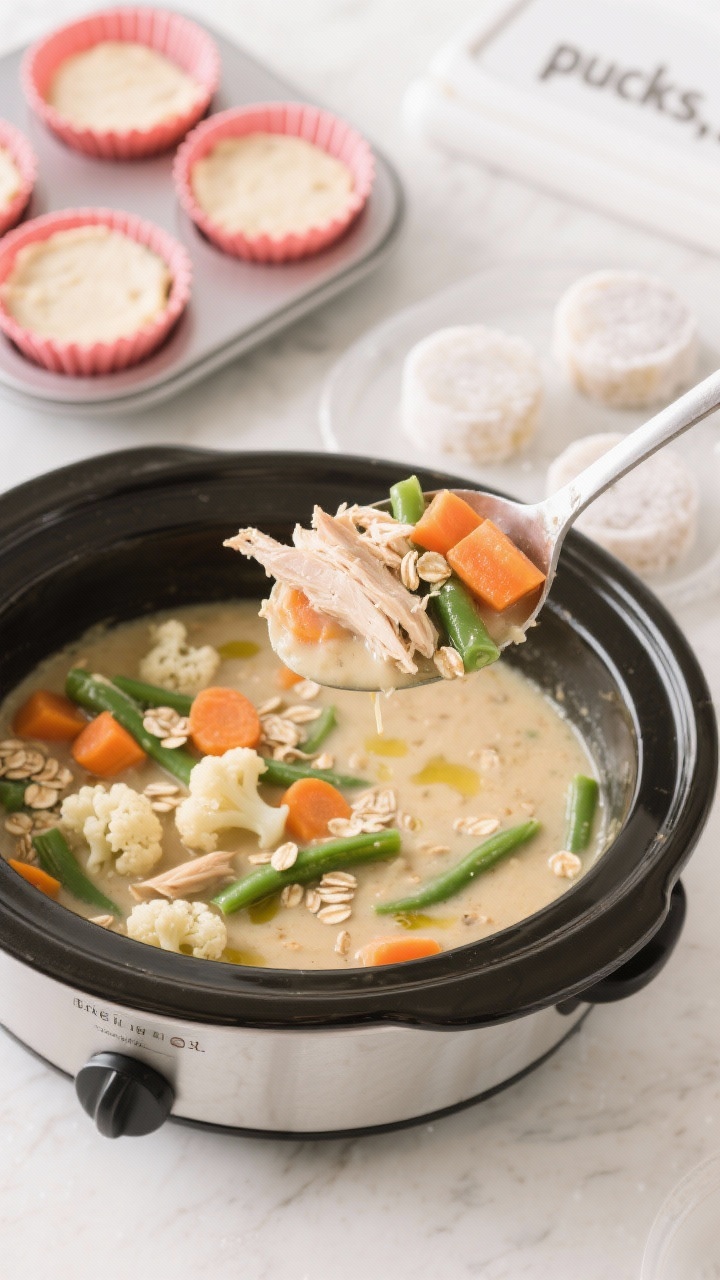 Overhead slow-cooker stew scene highlighting batch cooking: a ladle lifting creamy chicken and veggie stew from a slow cooker—shredded chicken, soft carrots, chopped green beans, tiny cauliflower florets, and plump rolled oats in a silky low-sodium broth with a hint of olive oil. Surrounding are silicone muffin trays filled with cooled portions and a few frozen “pucks,” all on a light kitchen counter; bright, practical, freezer-friendly mood.