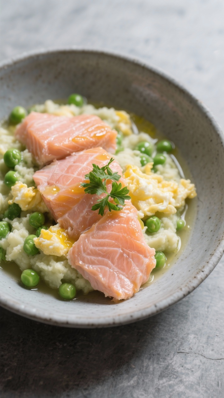 Salmon & Sweet Pea Supper For Shiny Coats — 45-degree close-up of the final dish: Flaky pink cooked salmon folded with mashed sweet peas and tiny curds of plain scrambled egg, finished with a glistening safflower/fish oil sheen and loosened with a touch of unsalted fish broth to a spoonable, moist consistency; optional sprinkle of finely chopped parsley on one edge; presented in a small gray stoneware bowl on a cool slate surface, highlighting omega-3 gloss and delicate flakes, soft lukewarm steam, crisp side light for texture