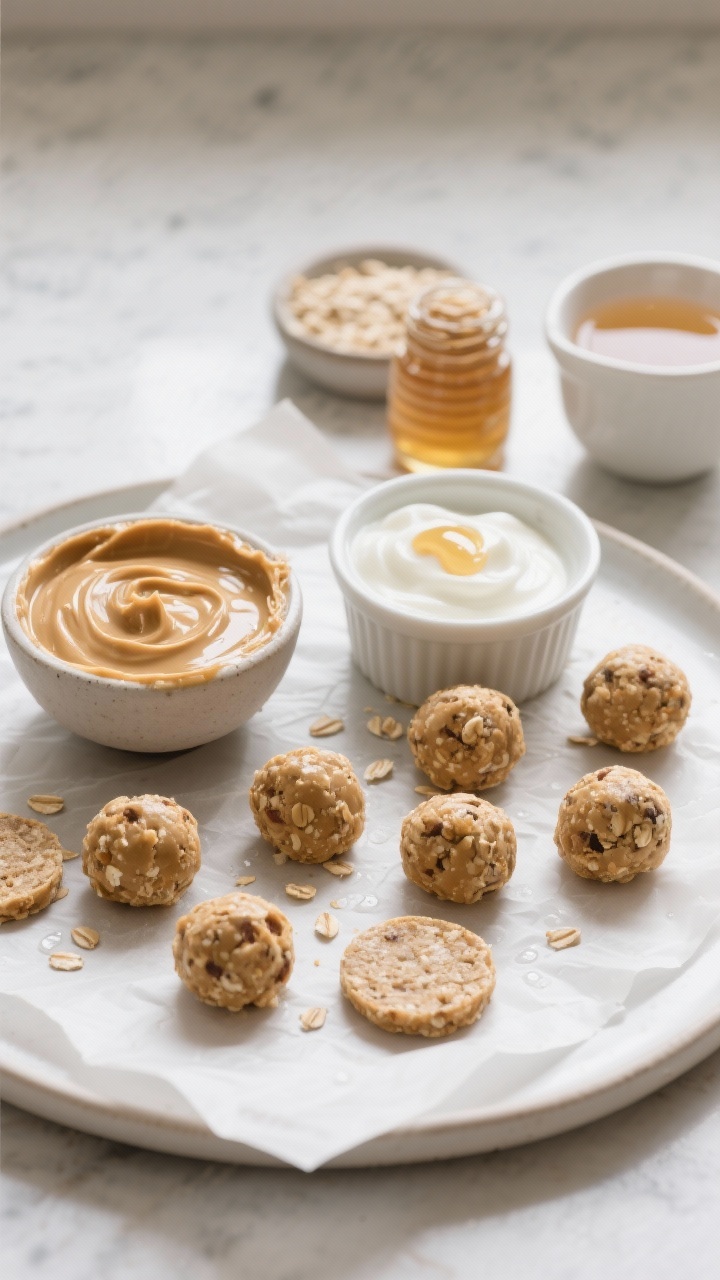 Straight-on close-up of No-Bake Peanut Butter Oat Nibbles: 1/2–1-inch chilled bite-sized balls arranged on a parchment-lined plate, some pressed into flat “coins” for portion control. Show creamy peanut butter swirled in a small bowl, plain Greek yogurt in another, a drizzle of honey in a tiny jar (labeled optional), finely pulsed quick oats in a ramekin, and a small cup of warm water nearby. Cool, bright light to suggest freshness; soft-chewy texture visible with delicate oat flecks. Minimal, no-oven vibe with a clean countertop and subtle chill condensation on the plate.