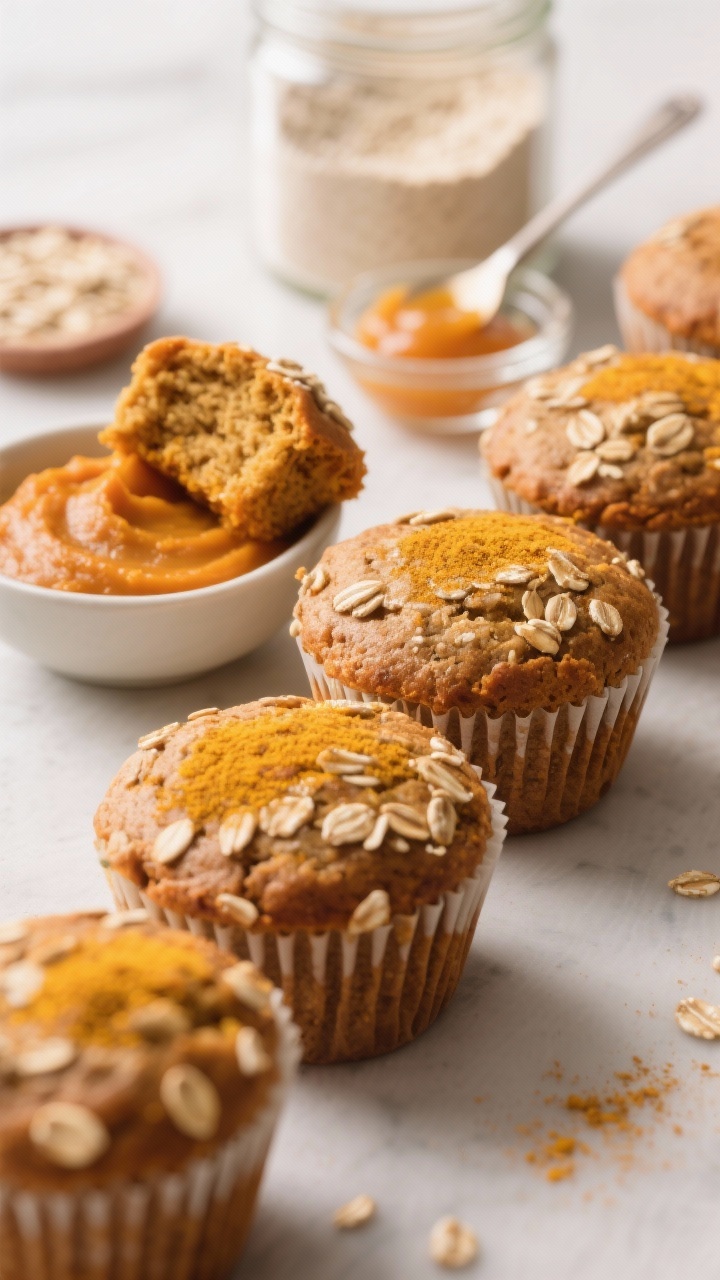 Straight-on close-up of Pumpkin Oat Power Muffins arranged in a neat row, domed tops matte and rustic with visible quick oats on the surface; color is deep pumpkin-orange dusted with a hint of ground turmeric glow; include a small bowl of plain canned pumpkin puree, oat flour in a jar, and applesauce spooned in a clear ramekin blurred in the background; one muffin sliced to reveal tender, dense crumb; minimalist styling, soft diffused light to convey gentle, stomach-soothing comfort.