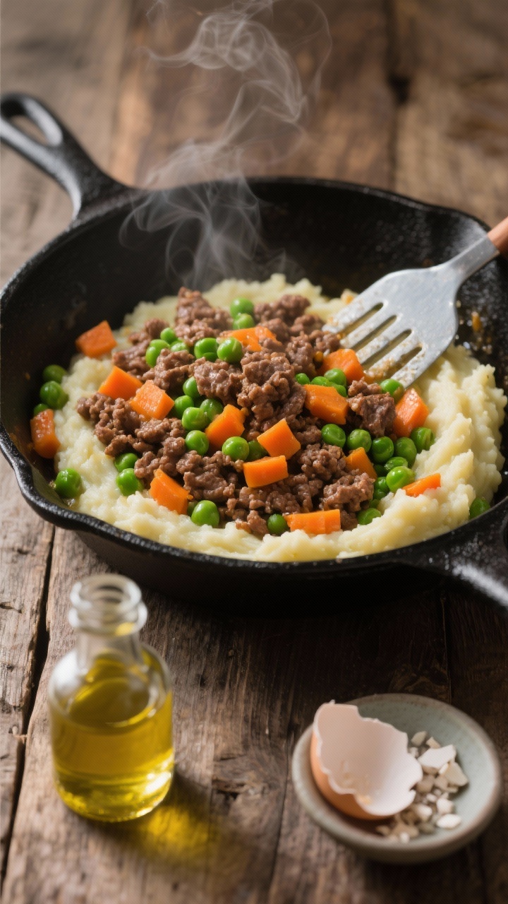 Straight-on close-up of the One-Pan Beef, Pea & Carrot Mash in a black nonstick skillet: richly browned lean ground beef combined with finely chopped, very soft orange carrots and lightly mashed green peas, moistened with a bit of water to create a cohesive mash. The surface is lightly raked with a spatula to show the tender, spoonable texture; a small glass dropper bottle of fish oil and a pinch dish of crushed eggshell calcium sit in the foreground. Subtle steam, high contrast to make the green peas and orange carrots pop against the beef; rustic wooden table, no extra garnishes.