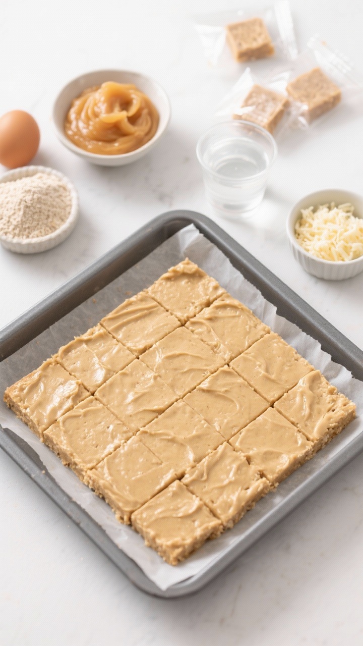 Straight-on pan shot of One-Bowl PB Applesauce Training Chews: an 8x8-inch parchment-lined pan filled with a smooth, thick, spreadable batter scored lightly into small squares before baking; adjacent image shows baked slab set but springy, cut cleanly along score lines into uniform bite-size chews. Include bowls of unsalted xylitol-free peanut butter, unsweetened applesauce, a whole egg, brown rice flour (or oat flour), a small cup of water, and a pinch bowl with finely grated low-fat cheese (optional) off to the side. Crisp, bright studio lighting for a practical training-treat mood, with a few neatly portioned squares in small snack bags in the background.