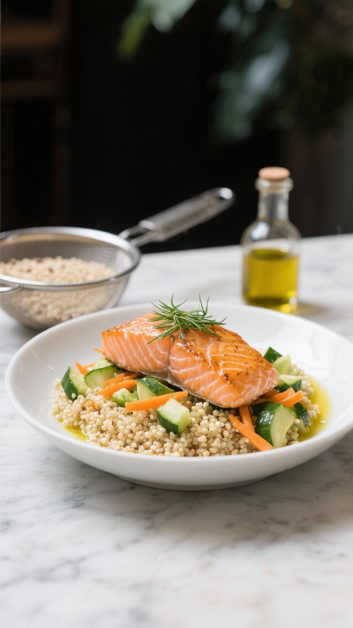 Straight-on plated presentation of Salmon, Quinoa & Veggie Shine-Up: fluffy quinoa base topped with large glossy flakes of baked salmon, finely chopped zucchini and grated carrot lightly steamed to soft, and a whisper of fresh dill. Light olive oil sheen, clean edges, served in a wide white rimmed bowl on a cool marble surface; a rinsed strainer of quinoa and a small bottle of olive oil in the background. Cool, fresh color palette (coral salmon, pale gold quinoa, green zucchini, orange carrot), crisp daylight, high clarity for a premium, omega-rich look.