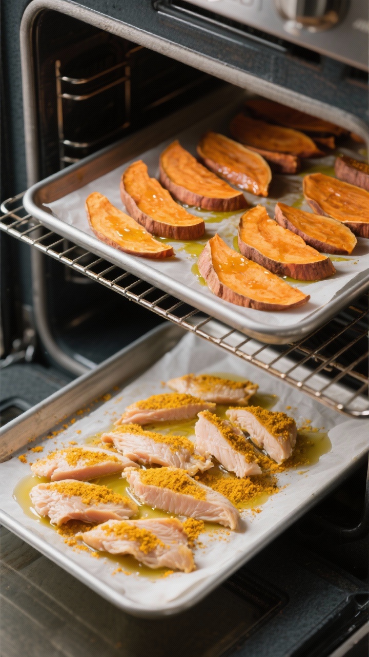 Straight-on process shot of chicken sweet potato jerky strips drying in the oven: two parchment-lined trays, one with evenly sliced sweet potato planks glistening with olive oil, the other with thinly sliced chicken breast coated lightly in oil and dusted with turmeric for warm golden color; a wire rack on one tray for airflow, pieces flipped halfway showing leathery, slightly flexible texture; high-protein, minimalistic styling, warm 250°F low-and-slow ambiance, no people, sharp focus with a clean stainless and dark-pan contrast.