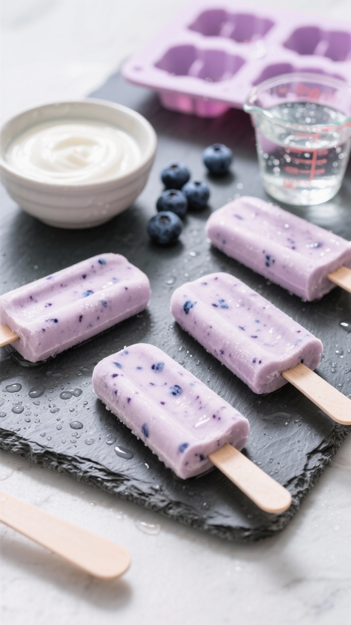 Straight-on shot of Frozen Yogurt Berry Pupsicles just released from silicone molds: frosty, pale lavender treats with tiny blueberry flecks, arranged on a chilled slate with light condensation. Include a small bowl of plain unsweetened yogurt, scattered fresh blueberries, and a measuring cup with a splash of water. Summery, bright mood; crisp highlights that suggest cold refreshment, ideal for hot-weather zoomies.