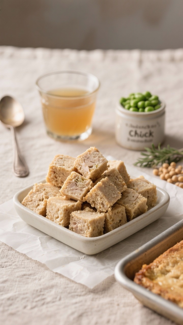 Straight-on shot of Turkey & Bone Broth Soft Squares cut into uniform 1/2-inch cubes, piled in a small square dish; the springy, tender crumb visible on a few pieces turned sideways; a small glass of low-sodium onion-free chicken bone broth behind, a spoon of mashed peas, a pinch pot labeled chickpea flour, and a tiny sprinkle of catnip to the side; parchment-lined 6x6-inch tray partially visible to imply the bake; soft diffused light, gentle, sensitive-snacker mood, neutral linen backdrop.