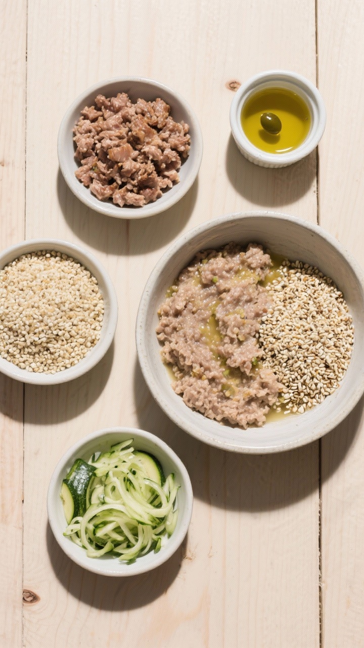 Turkey & Quinoa Power Mash — ingredient prep flat lay, overhead: Separate small bowls showing extra-lean ground turkey browned into tiny bits, very soft cooked quinoa, finely grated zucchini lightly steamed (squeezed dry), plus a ramekin of unsalted bone broth and a dish of olive oil; a mixing bowl in the center partially filled with the combined mash transitioning from separate elements to a cohesive moist mix; neutral wooden board background, minimal props, clean nutrition-forward vibe, labels implied by arrangement, bright directional light to emphasize grain and moisture