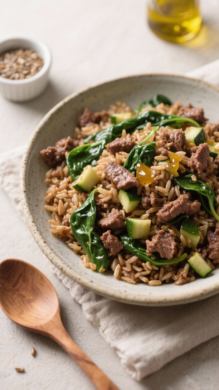 45-degree plated shot of Beef, Brown Rice & Spinach Everyday Mix in a shallow stoneware bowl: fluffy brown rice mixed with lean ground beef, wilted spinach ribbons, and tiny diced zucchini, finished with a glossy drizzle of flaxseed oil. Grains separate and glossy, beef crumbly, greens vibrant. Neutral linen, wooden spoon, and a small ramekin of flaxseed oil in the background. Balanced, routine-friendly, mild and hearty mood.