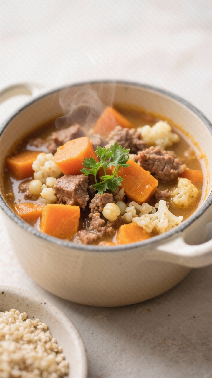 Cozy close-up of Beef & Pumpkin Tummy-Soother Stew in a small enamel pot: soft, stew-like texture with lean ground beef, smooth pumpkin puree folded in for a warm orange hue, fine carrot cubes, and cauliflower rice pearls in a gentle, low-sodium broth. A sprinkle of parsley on top, gentle steam visible. Shot straight-on to emphasize comforting thickness; a side dish with plain cooked quinoa nearby for optional add-in. Soft, soothing lighting for a digestive-friendly feel.