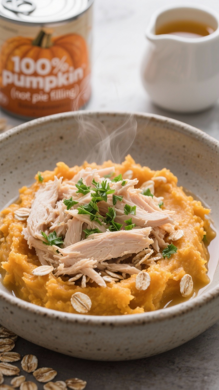 Holiday Leftover Turkey & Pumpkin Mash — Close-up, straight-on bowl shot highlighting creamy texture: a matte stoneware bowl filled with soft mash of shredded cooked turkey (skin removed, unseasoned) folded into plain pumpkin puree, with visible tender rolled oats bound by a splash of low-sodium turkey broth. Sprinkle of finely chopped parsley on top for fresh green contrast. Soft, cozy lighting, slight wisp of steam, background hints of a can of “100% pumpkin (not pie filling)” and a small jug of broth to emphasize simplicity and digestion-friendly comfort.