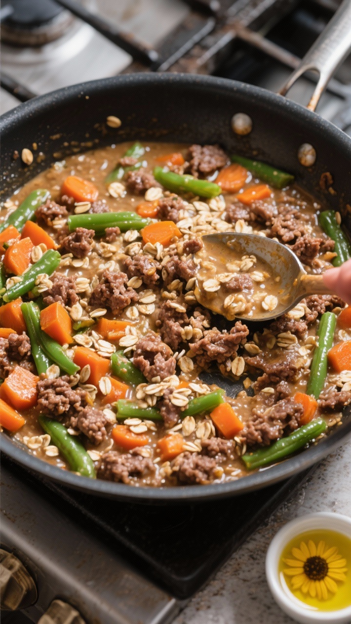 Mid-action overhead shot of Beefy Veggie Skillet With Oats cooking in a large nonstick skillet: browned lean ground beef mingled with rolled oats thickening in water, finely chopped carrots, and chopped green beans, forming a hearty, slightly creamy mixture. A spoon stirring through the thickened oats and beef, with a small dish of sunflower oil off to the side ready to finish. Rustic stovetop scene, weeknight speed and budget-friendly mood, vibrant orange and green pops.