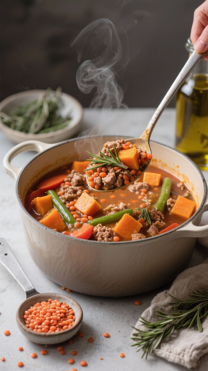 One-Pot Turkey, Lentil & Veggie Stew — 45-degree, cozy pot shot: a Dutch oven filled with hearty stew featuring lean ground turkey, tender red lentils, orange cubes of butternut squash, carrot slices, and green beans in a light, low-sodium broth, flecked with crushed dried rosemary. Ladle lifting a chunky portion to showcase thickness; gentle steam rising. Beside the pot: a measured scoop of dry red lentils, a small dish of rosemary, and a bottle of olive oil. Warm, cold-weather ambiance, inviting and nourishing.