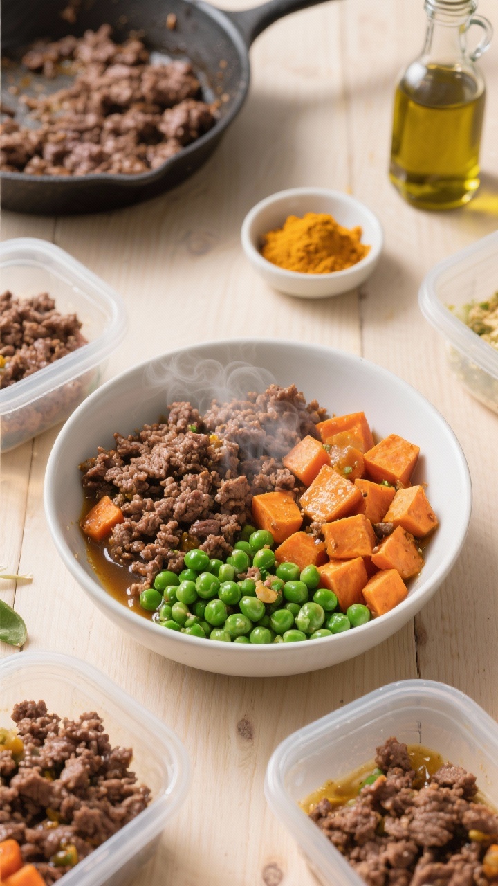 Overhead flat lay of Beef & Sweet Potato Power Bowls meal-prep: a large white ceramic bowl filled with lean ground beef crumbles, tender orange sweet potato cubes, soft carrots, and bright green peas, lightly glazed with low-sodium beef broth and a hint of turmeric; steam subtly rising. Surround with small glass containers for portioning, a skillet with browned beef drained, a small dish of turmeric, and a bottle of olive oil on a light wood surface. Colors: deep brown beef, vibrant orange, green, and gold. Clean, wholesome, dog-safe vibe—no onions/garlic.