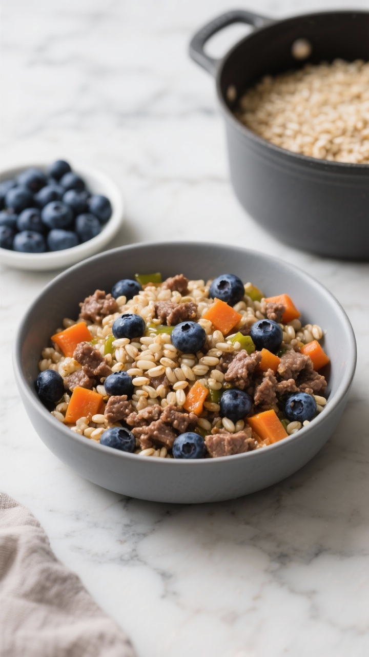 Overhead plated bowl of Beef, Barley & Blueberry Chow: pearled barley cooked to plump tenderness, mixed with crumbled lean ground beef, chopped carrots, and juicy whole blueberries providing a pop of deep indigo against warm grains; cooled and finished with a glisten of fish oil. Served in a matte gray bowl on a marble surface, with a saucepan of simmered barley and a small dish of fresh blueberries nearby. Colorful, balanced, weekday-staple vibe with natural sweetness.