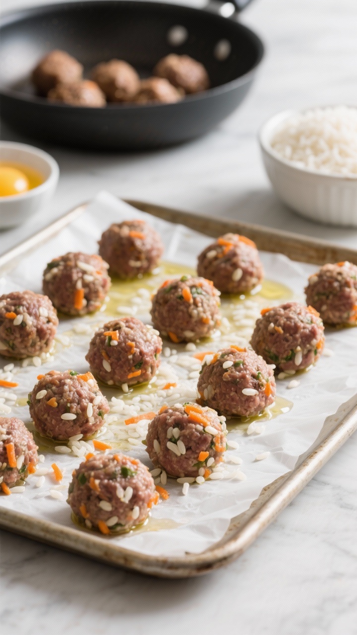 Straight-on hero shot of No-Bake Beef & Rice Meatballs arranged on a parchment-lined baking sheet: neat 1-inch meatballs made from lean ground beef, cooked white rice kernels visibly embedded, flecks of finely grated carrot, lightly browned from pan-searing, a satin sheen from olive oil. A nearby nonstick skillet with a few meatballs finishing, a small bowl with beaten egg and a mound of cooled white rice in the background. Soft, inviting light emphasizing tender, bite-size texture.