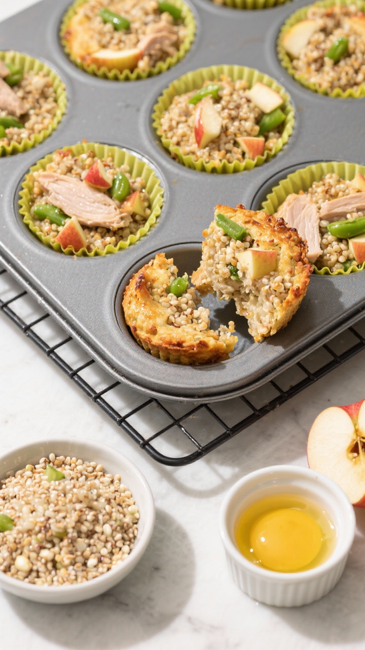 Turkey, Apple & Quinoa Crunch Cups — Overhead baked presentation on a cooling rack: muffin tin lined with silicone cups holding golden-browned turkey-quinoa cups studded with tiny green beans and fine apple dice. A few cups removed and sliced to show the moist, textured interior—quinoa pearls, pale turkey, crisp apple bits. Nearby: a small bowl of cooked quinoa, a finely diced apple with core/seeds removed, a beaten egg in a ramekin (optional binder), and a drizzle of olive oil. Bright, fresh, meal-prep energy with crisp shadows and clean styling.