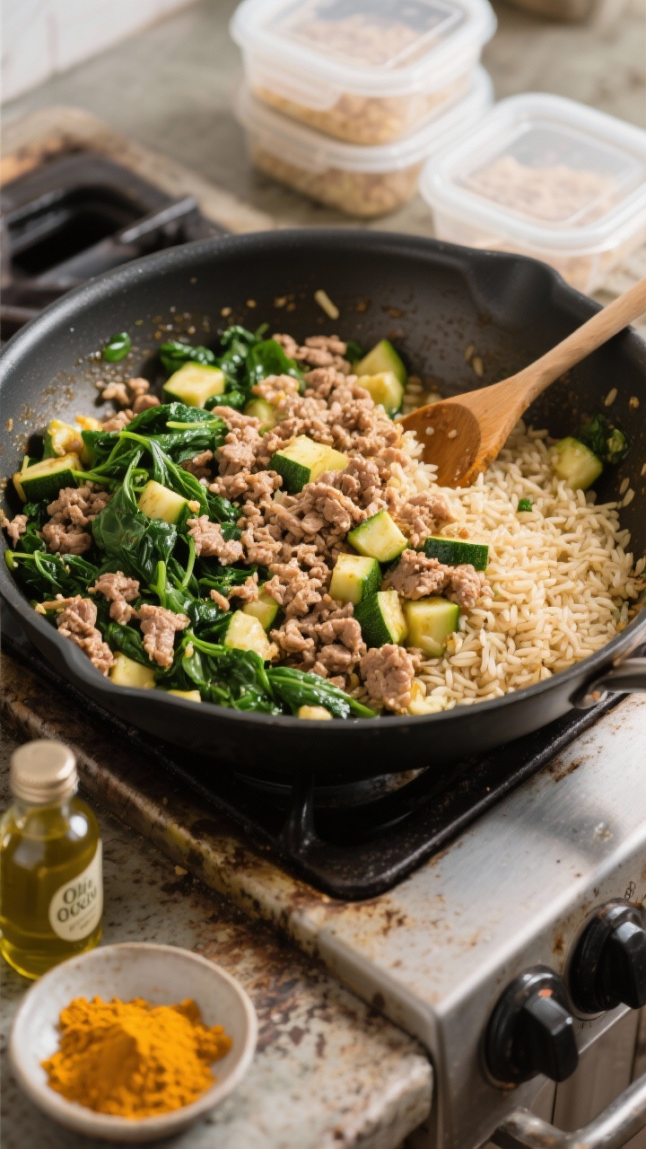 Turkey, Brown Rice & Spinach Power Skillet — 45-degree hero shot of a large sauté pan on a rustic stovetop scene: browned ground turkey crumbled evenly, tender diced zucchini, fluffy unsalted cooked brown rice, and finely chopped spinach just wilted from a splash of low-sodium broth, with a warm tint of optional turmeric. A wooden spoon stirring through, grains distinct, greens vibrant, moisture glossing the skillet. In the foreground, a small dish of turmeric and a bottle of olive/coconut oil; in the background, neat meal-prep containers ready for portioning. Clean, balanced, weeknight-comfort vibe.