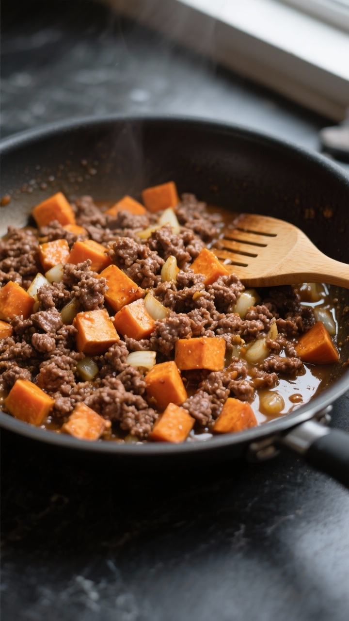 Close-up cooking process shot: browned lean ground beef in a large nonstick skillet with the cooked 