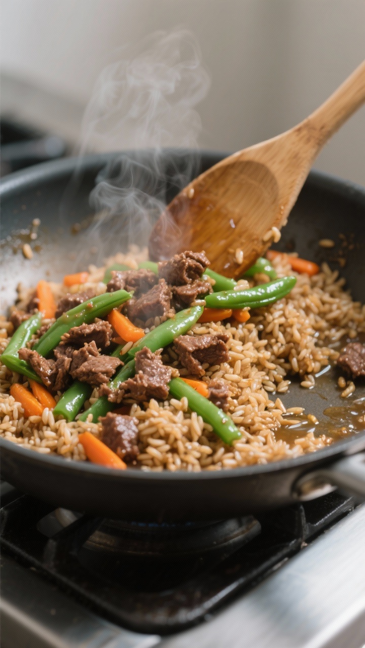 Close-up cooking process shot: steamy skillet scene where browned beef crumbles and just-tender gree