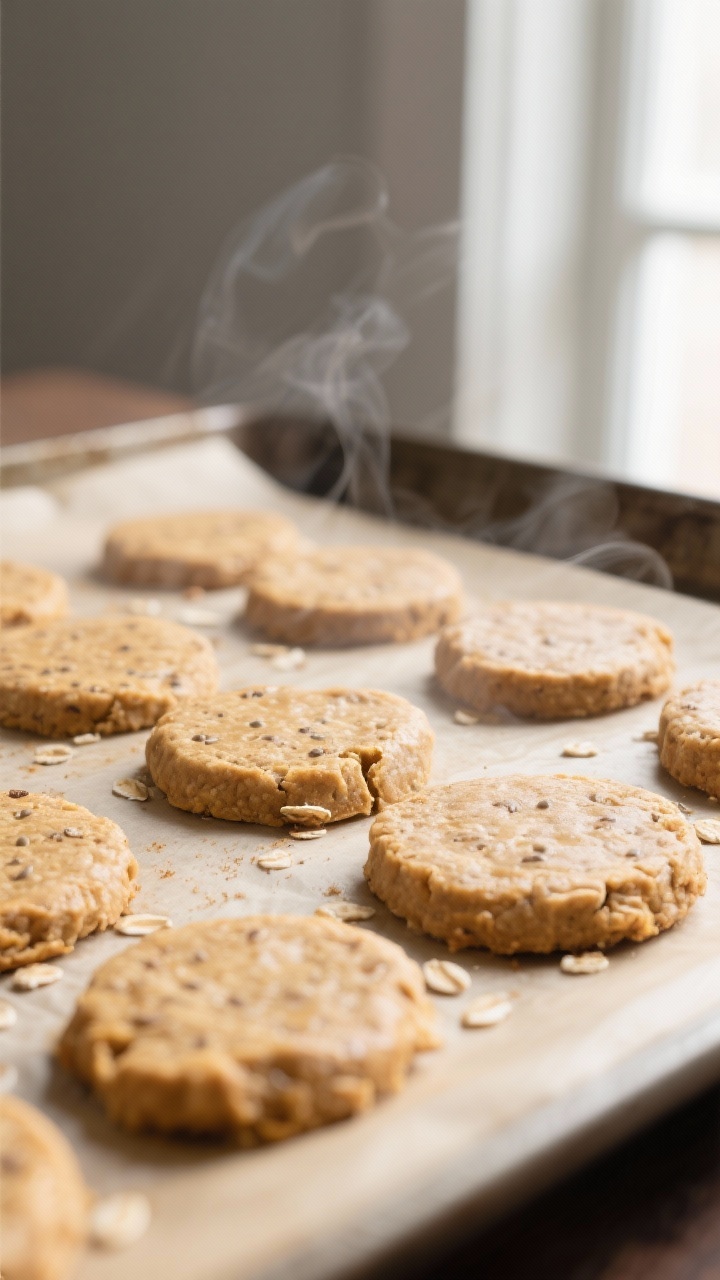 Close-up detail, cooking process: Peanut Butter & Pumpkin Rounds just out of the oven on a parchment