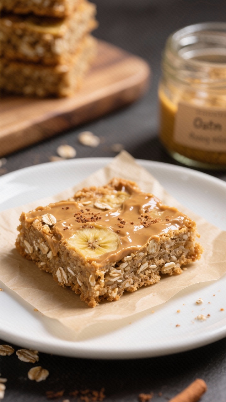 Close-up detail of a single sliced Oatmeal & Banana Square on a small white ceramic plate, showcasin