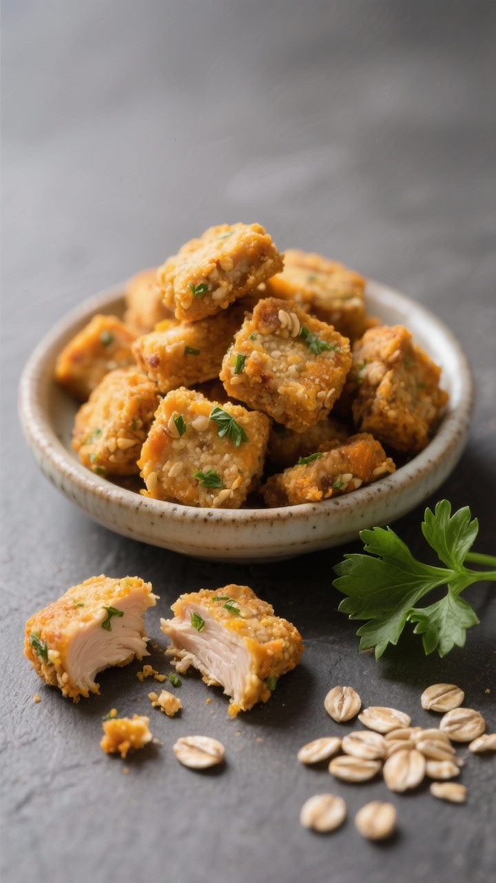 Close-up detail of a small ceramic dish piled with bite-sized chicken-and-pumpkin training treats, s