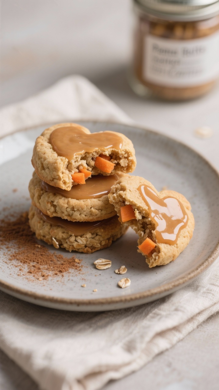 Close-up detail of a small stack of Peanut Butter & Carrot Hearts on a matte ceramic plate, one bisc