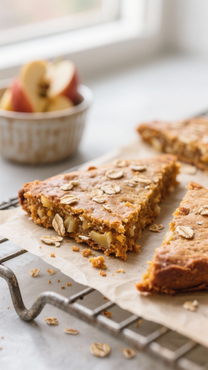 Close-up detail shot: Freshly baked Pumpkin & Apple Triangles cooling on a wire rack, edges lightly 