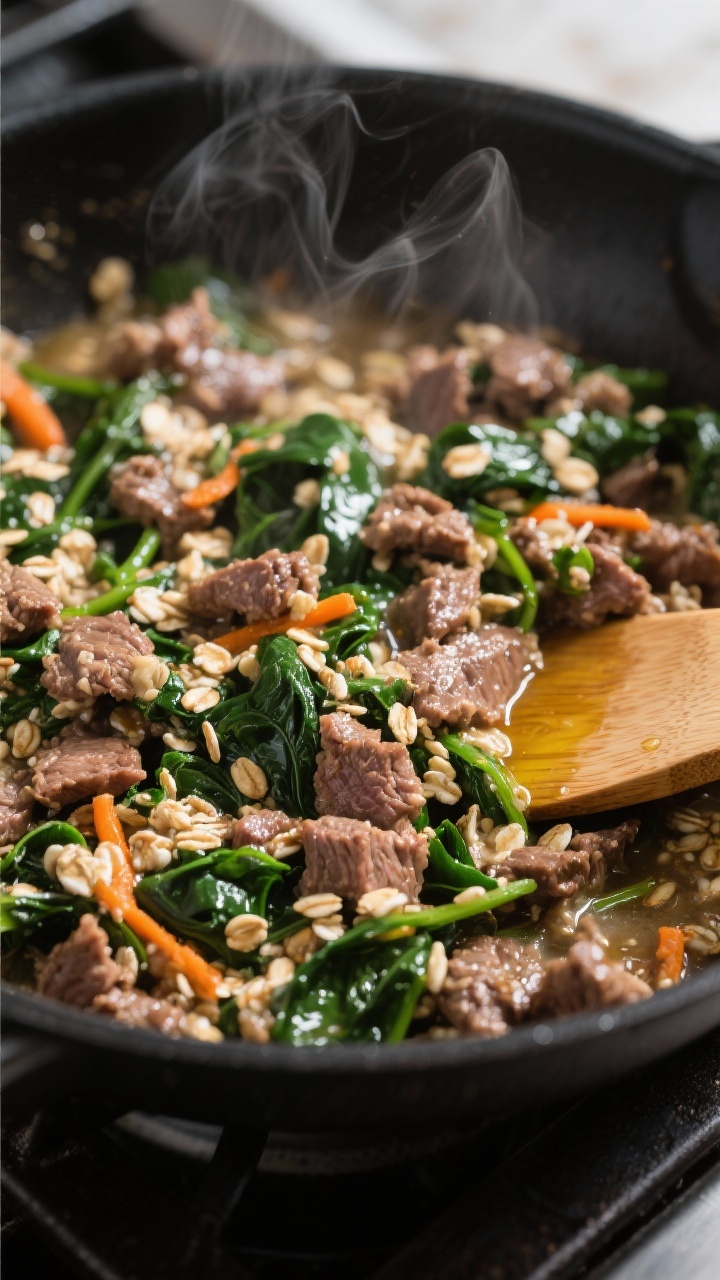 Close-up detail shot of the cooked Beef, Oats & Spinach mixture just after wilting the spinach: glos