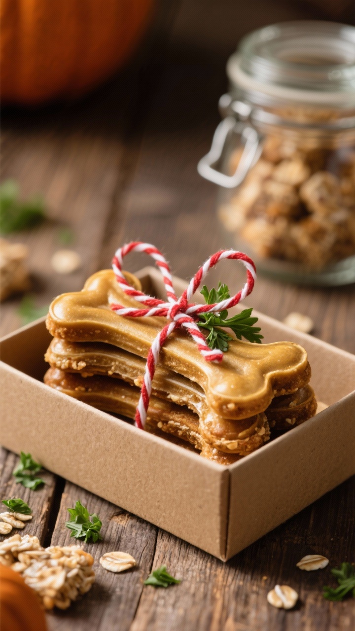 Close-up, of a small stack of Pumpkin & Oat Bones tied with red-and-white baker’s twine for a fest