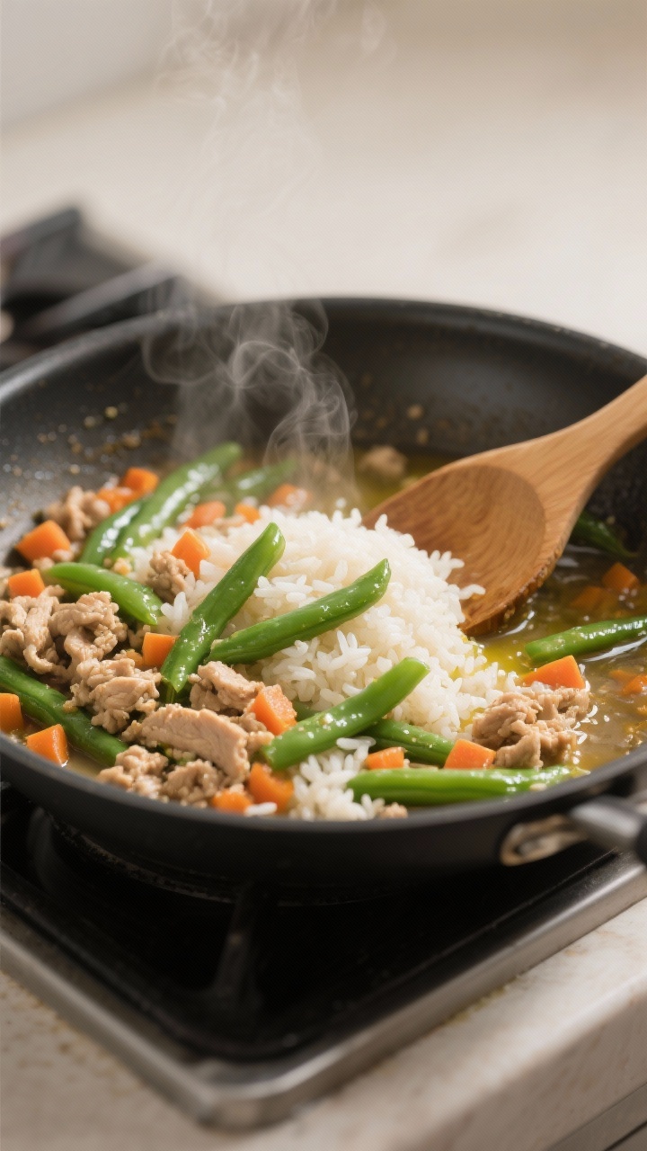 Cooking process, close-up detail: A steaming skillet of cooked ground chicken mixed with tender gree