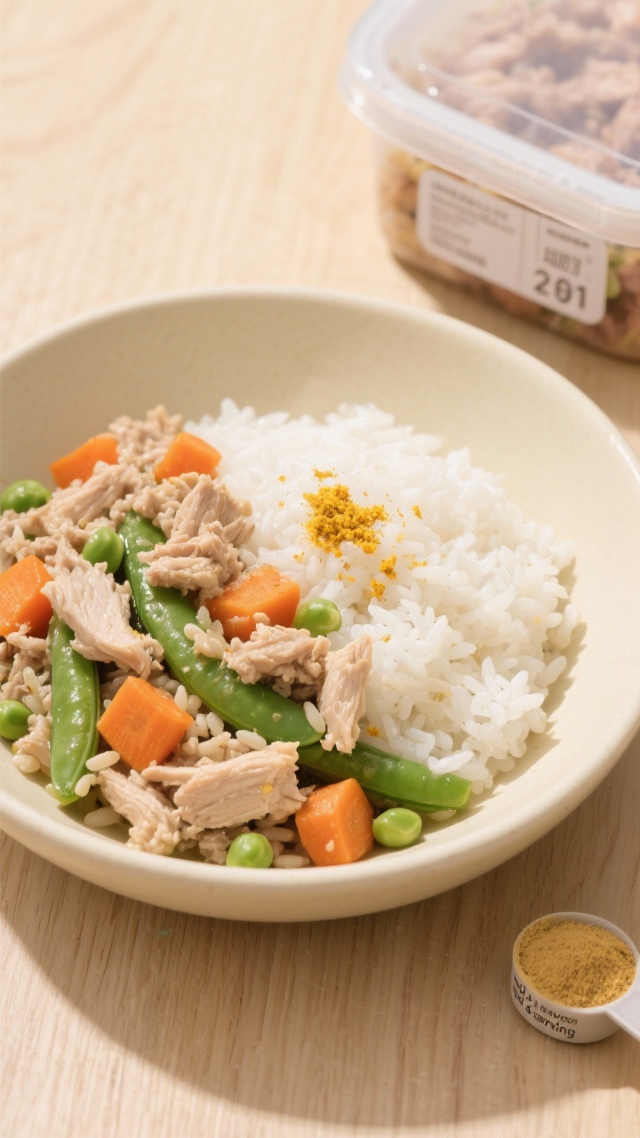 Final dish, overhead: Overhead shot of the finished ground chicken and veggies dog meal folded with