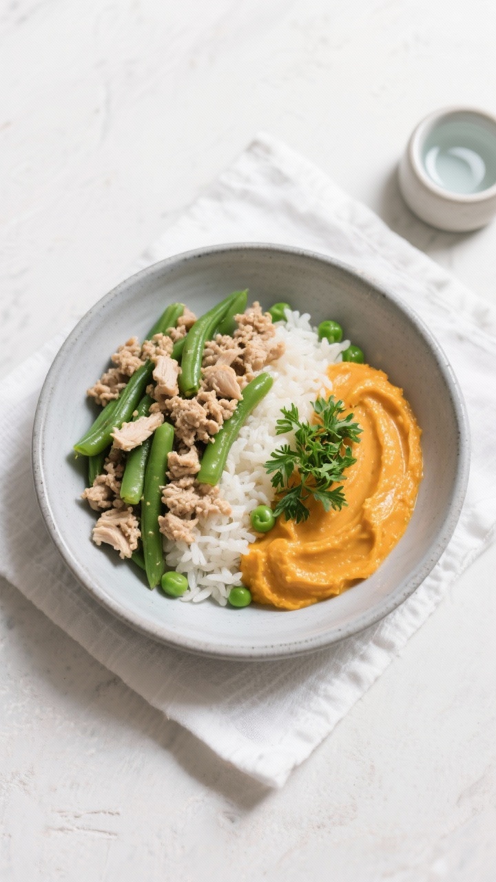 Final dish, tasty top view: Overhead shot of a neatly portioned bowl of Ground Chicken & Green Beans