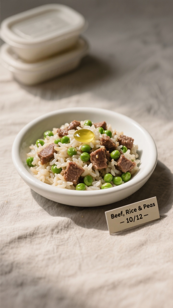 Final dish top view: Overhead shot of the finished Beef, Rice & Peas dog-friendly meal portioned int