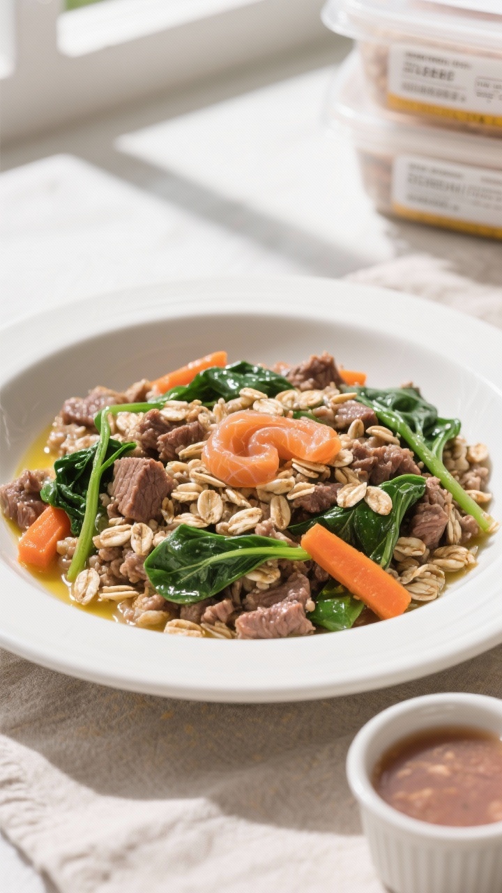 Overhead final presentation of Beef, Oats & Spinach dog dinner portioned and ready to serve: of a wh