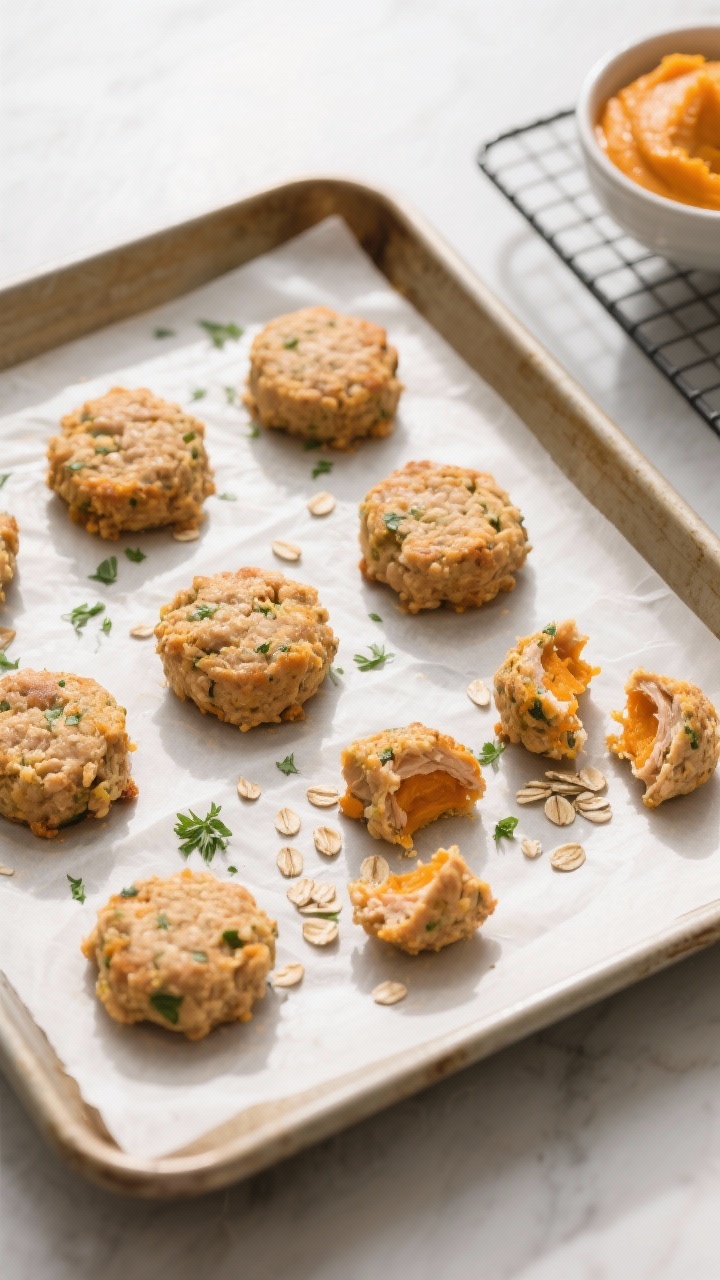 Overhead shot of freshly baked ground chicken and pumpkin dog bites on a parchment-lined baking shee