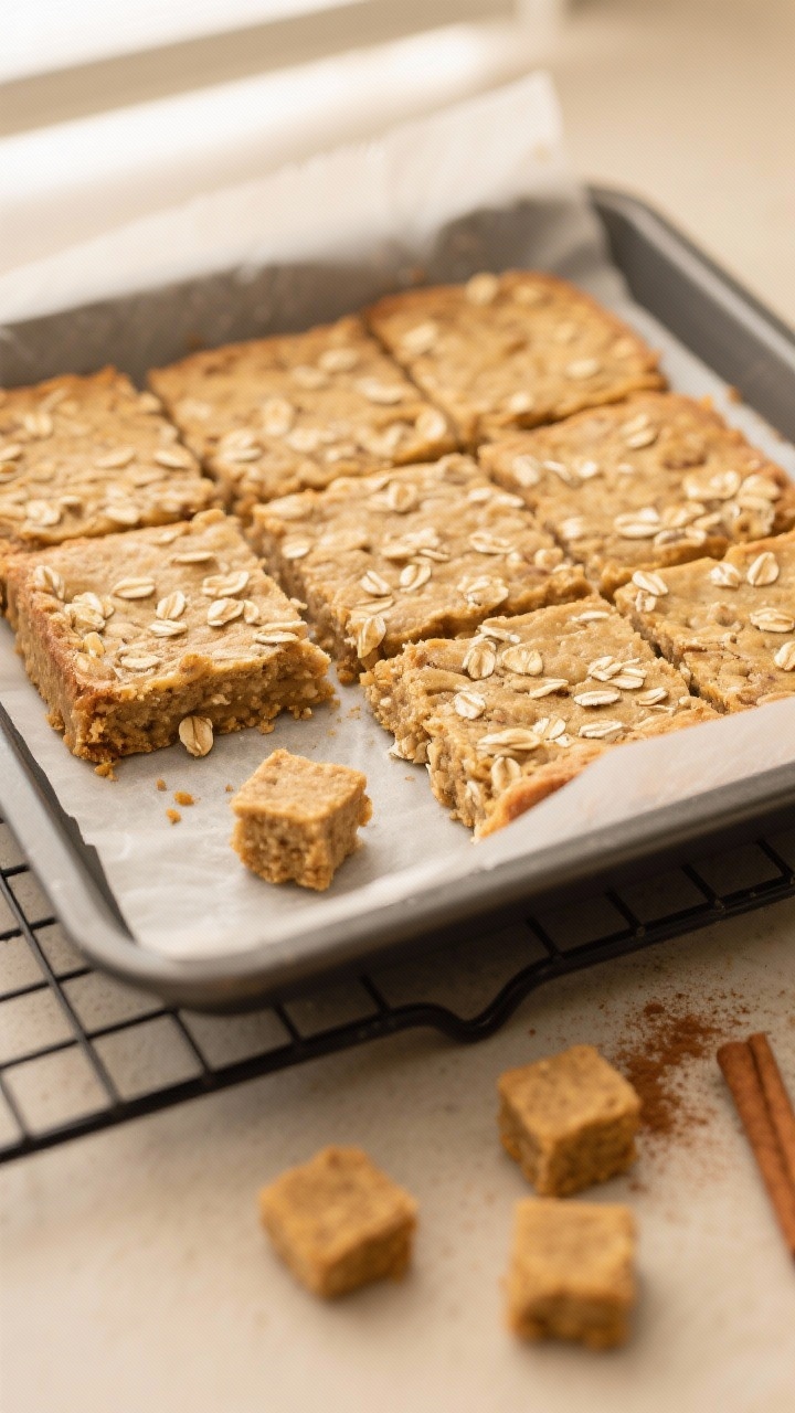 Overhead shot of freshly baked Oatmeal & Banana Dog Treat Squares cooling on parchment lifted from a