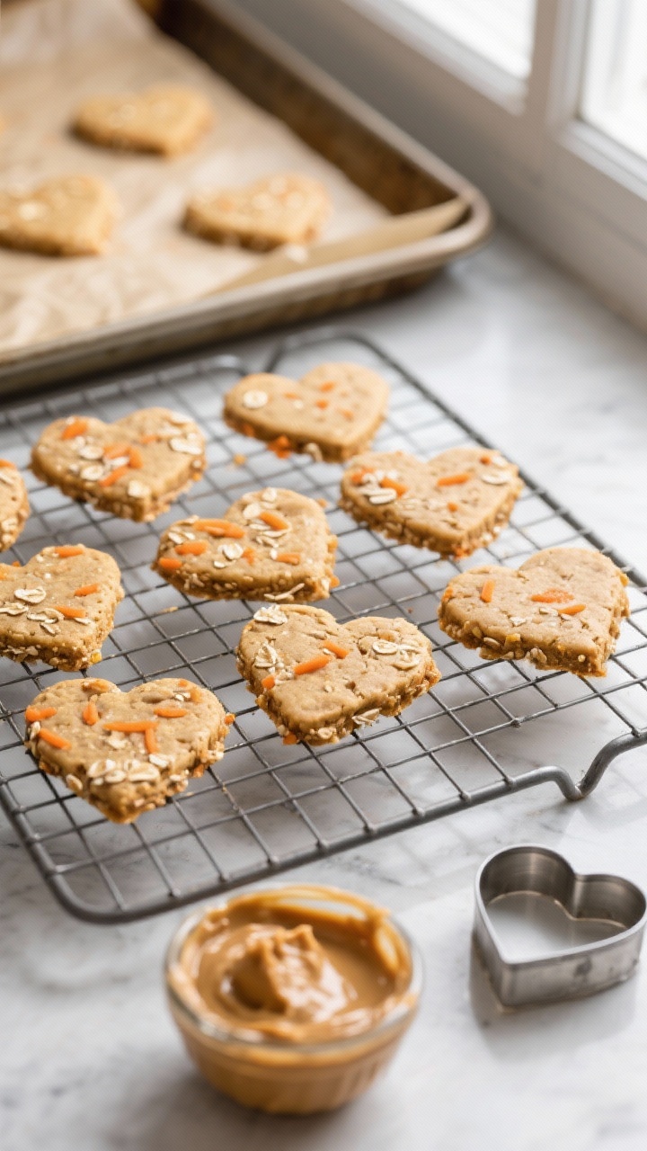 Overhead shot of freshly baked peanut butter and carrot heart-shaped dog treats cooling on a wire ra