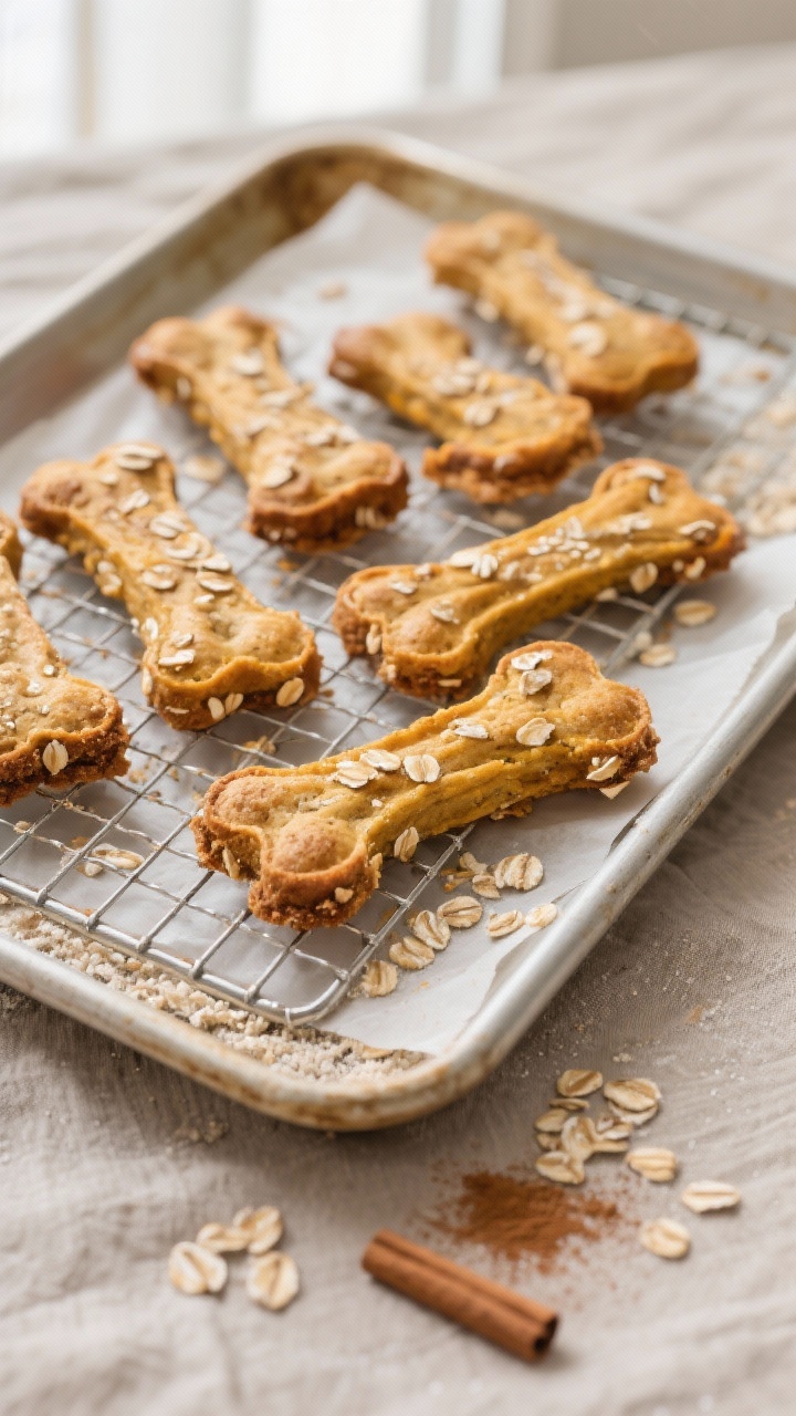 Overhead shot of freshly baked Pumpkin & Oat Bones cooling on a wire rack, golden at the edges with